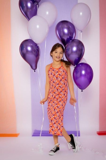 Louder! lange jurk Lina hot coral abstract flowers