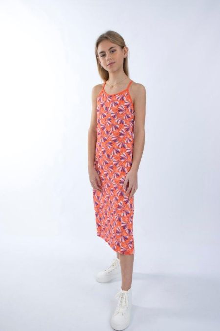 Louder! lange jurk Lina hot coral abstract flowers